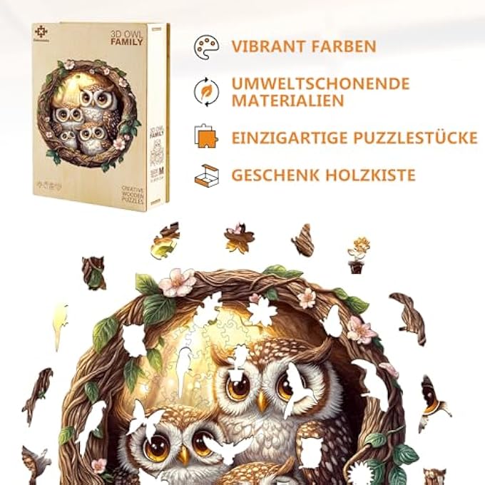 WOODEN PUZZLE ADULT 3D OWL FAMILY - 290 PIECES ROUND PUZZLE GIFT BOX WALL DECORATION (ADULTS / CHILDREN) - Image 4